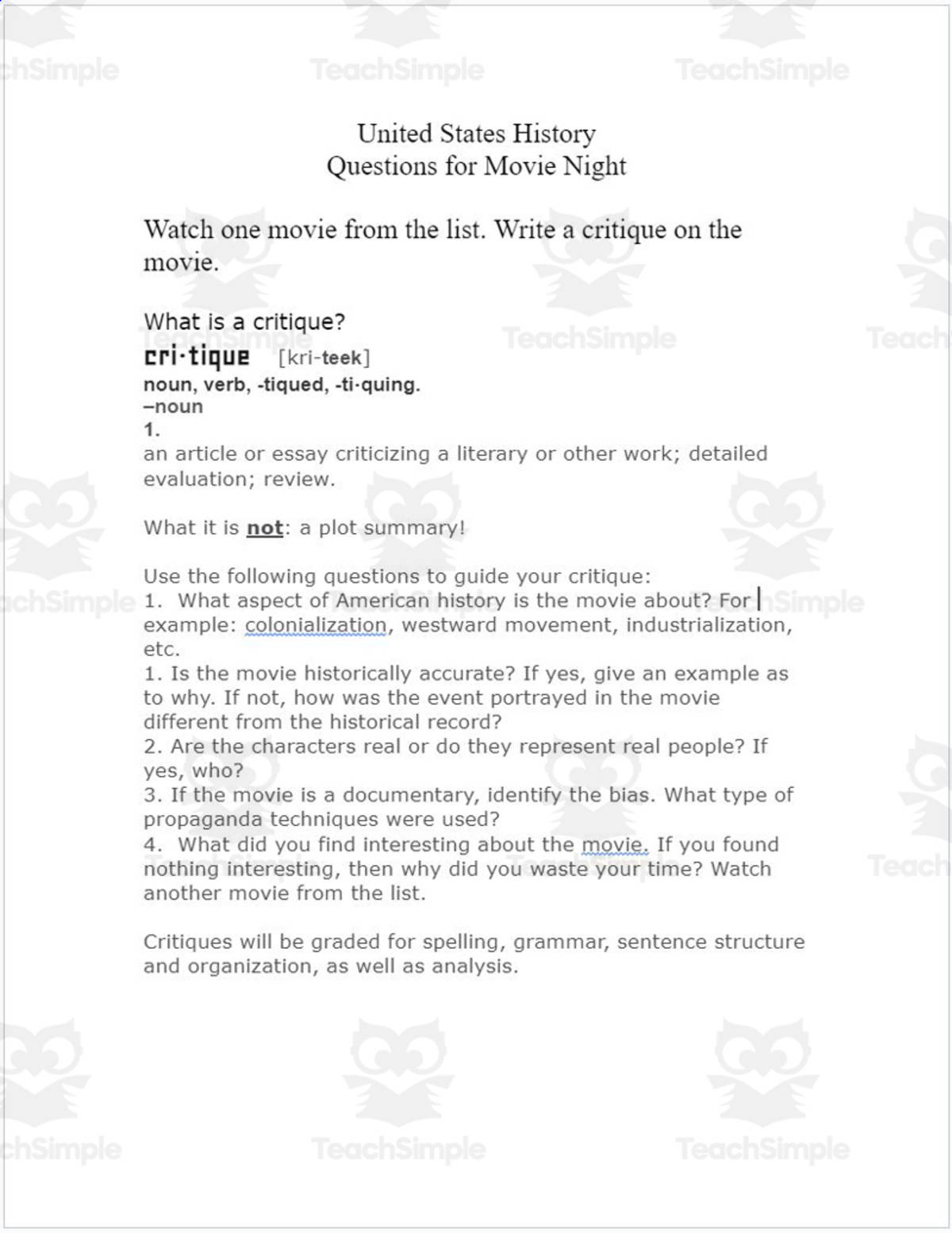 An educational teaching resource from Rose Molina entitled Movie Night: United States downloadable at Teach Simple.