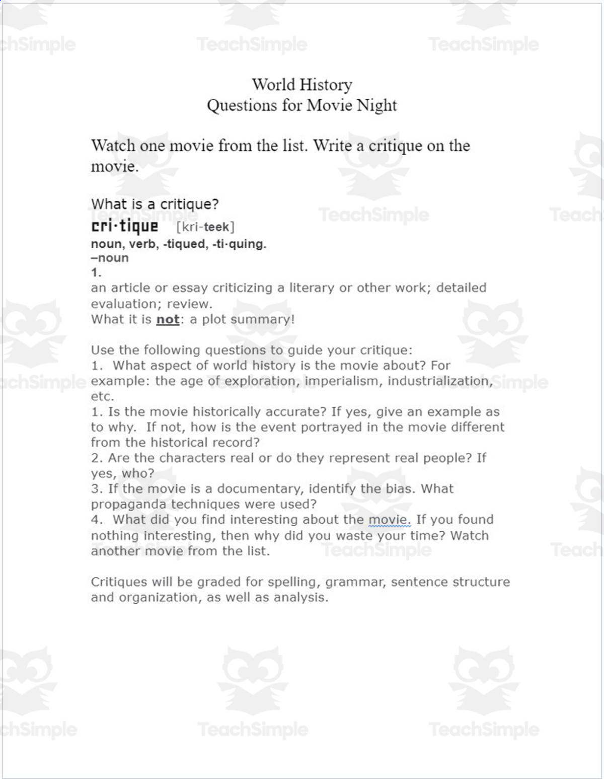 An educational teaching resource from Rose Molina entitled Movie Night: World History downloadable at Teach Simple.