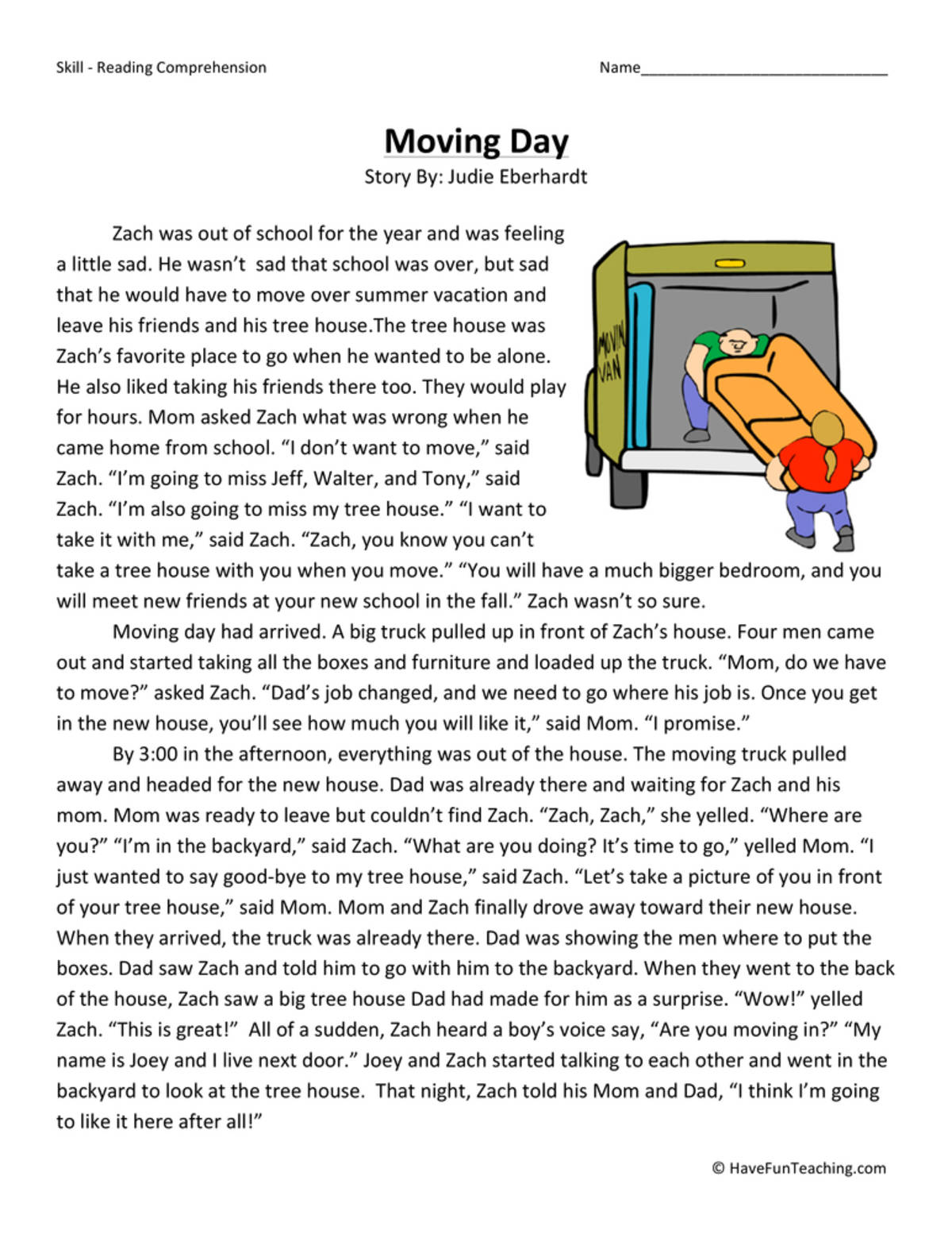 An educational teaching resource from Have Fun Teaching entitled Moving Day Reading Comprehension Worksheet downloadable at Teach Simple.