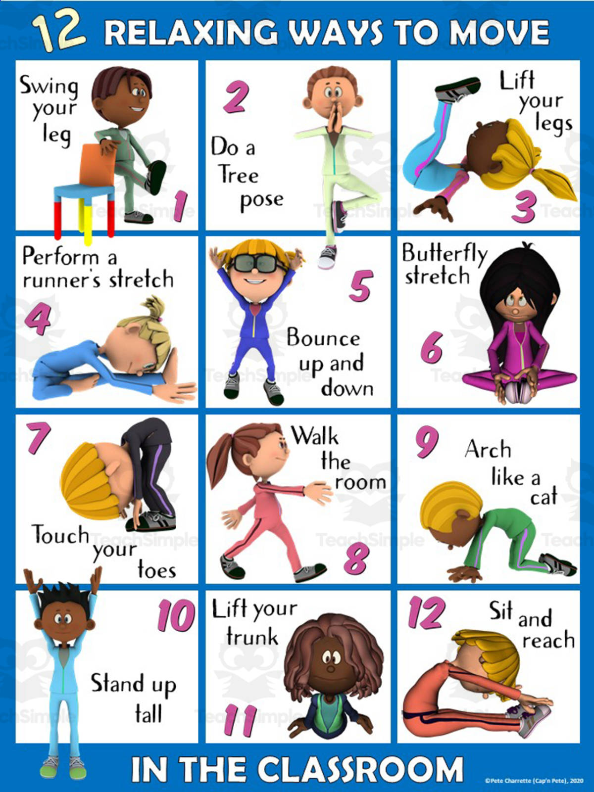 An educational teaching resource from Cap'n Pete's Power PE entitled Moving in the Classroom Series: Relaxing Ways to Move Visuals downloadable at Teach Simple.