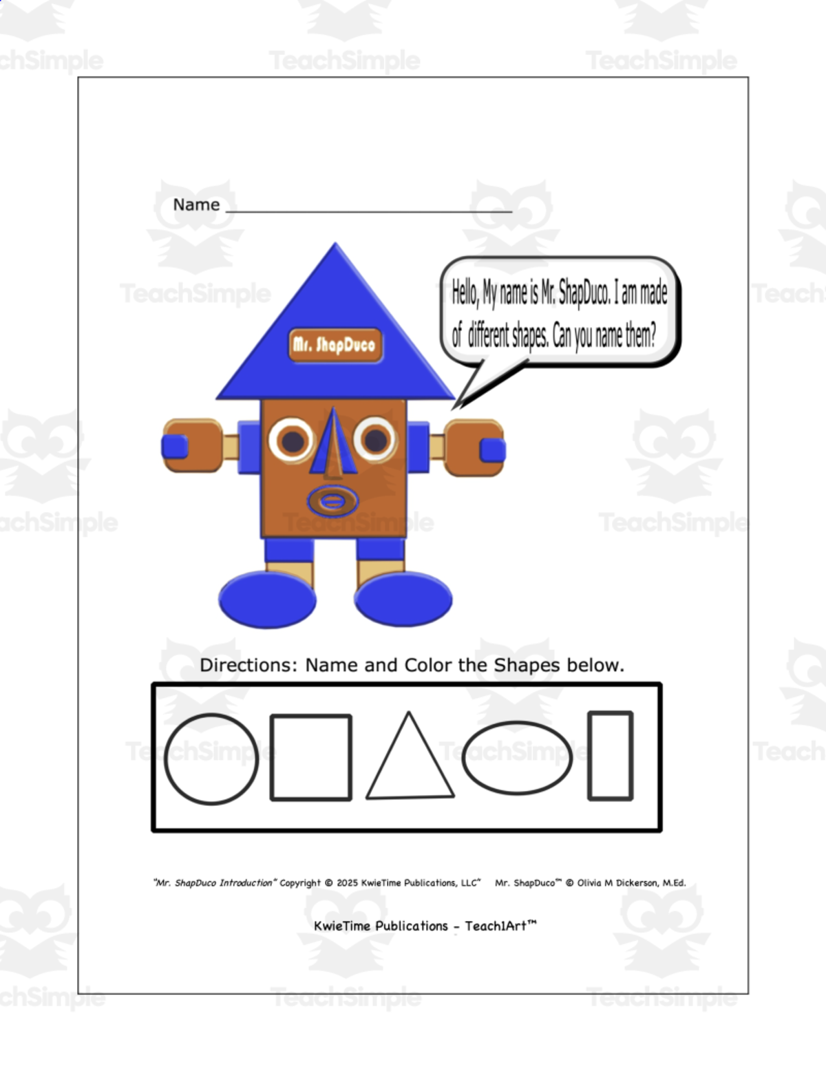 An educational teaching resource from PALETTNOVI entitled Mr. ShapDuco Introduction Worksheet downloadable at Teach Simple.