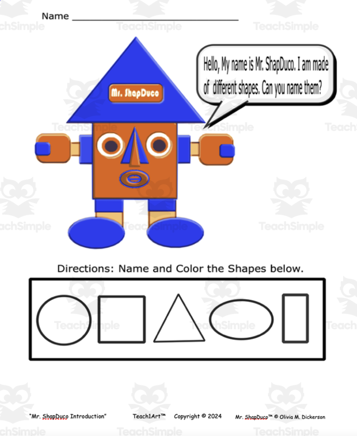 An educational teaching resource from PALETTNOVI - Teach1Art™ entitled Mr. ShapDuco Introduction Worksheet downloadable at Teach Simple.