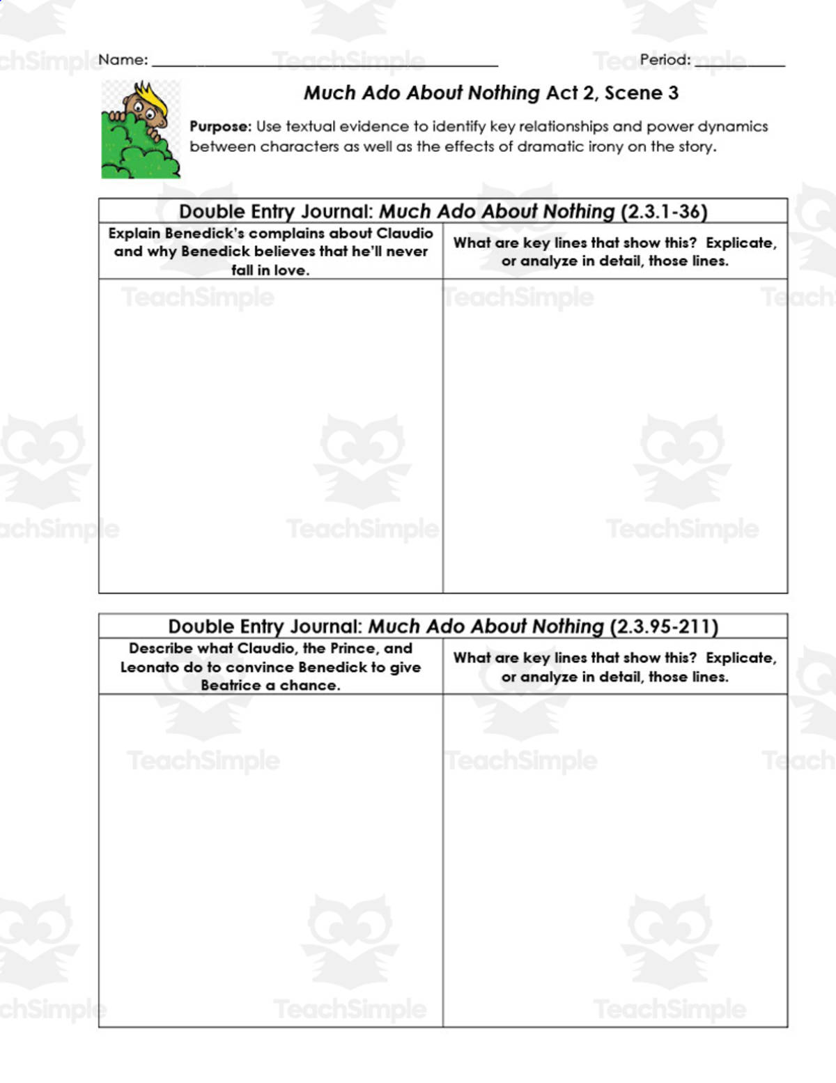 An educational teaching resource from ELA Resources entitled Much Ado About Nothing Act 2, Scene 3 | Double Entry Journals downloadable at Teach Simple.