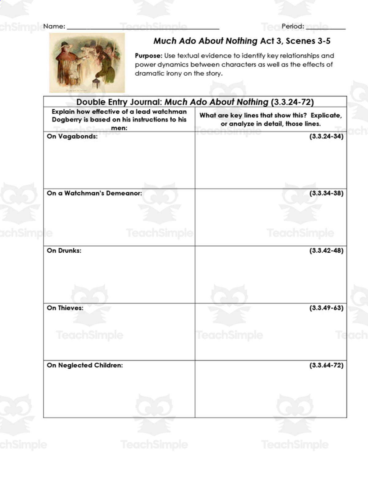An educational teaching resource from ELA Resources entitled Much Ado About Nothing Act 3, Scenes 3-5 | Double Entry Journals downloadable at Teach Simple.