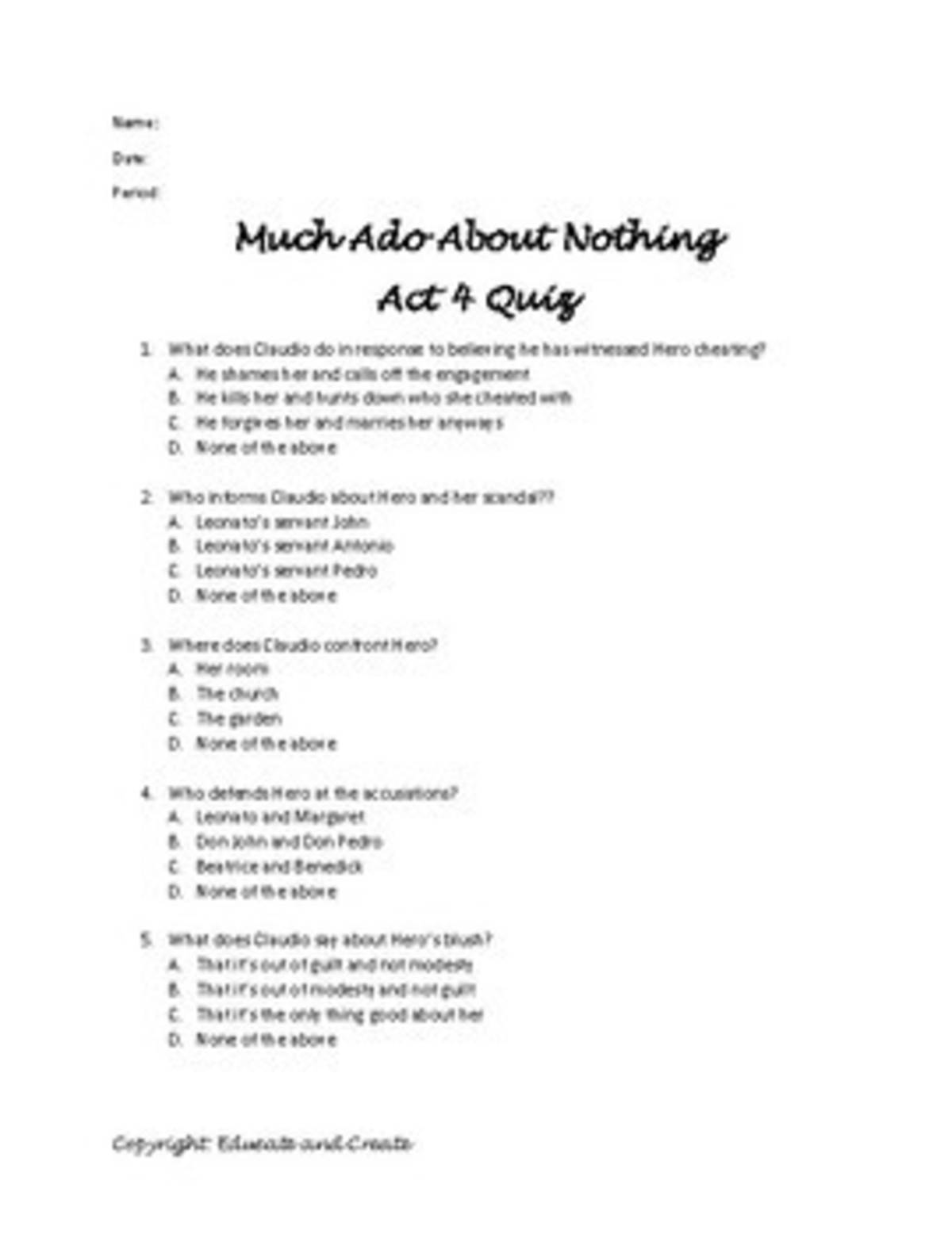 An educational teaching resource from Educate and Create entitled Much Ado About Nothing Act 4 downloadable at Teach Simple.
