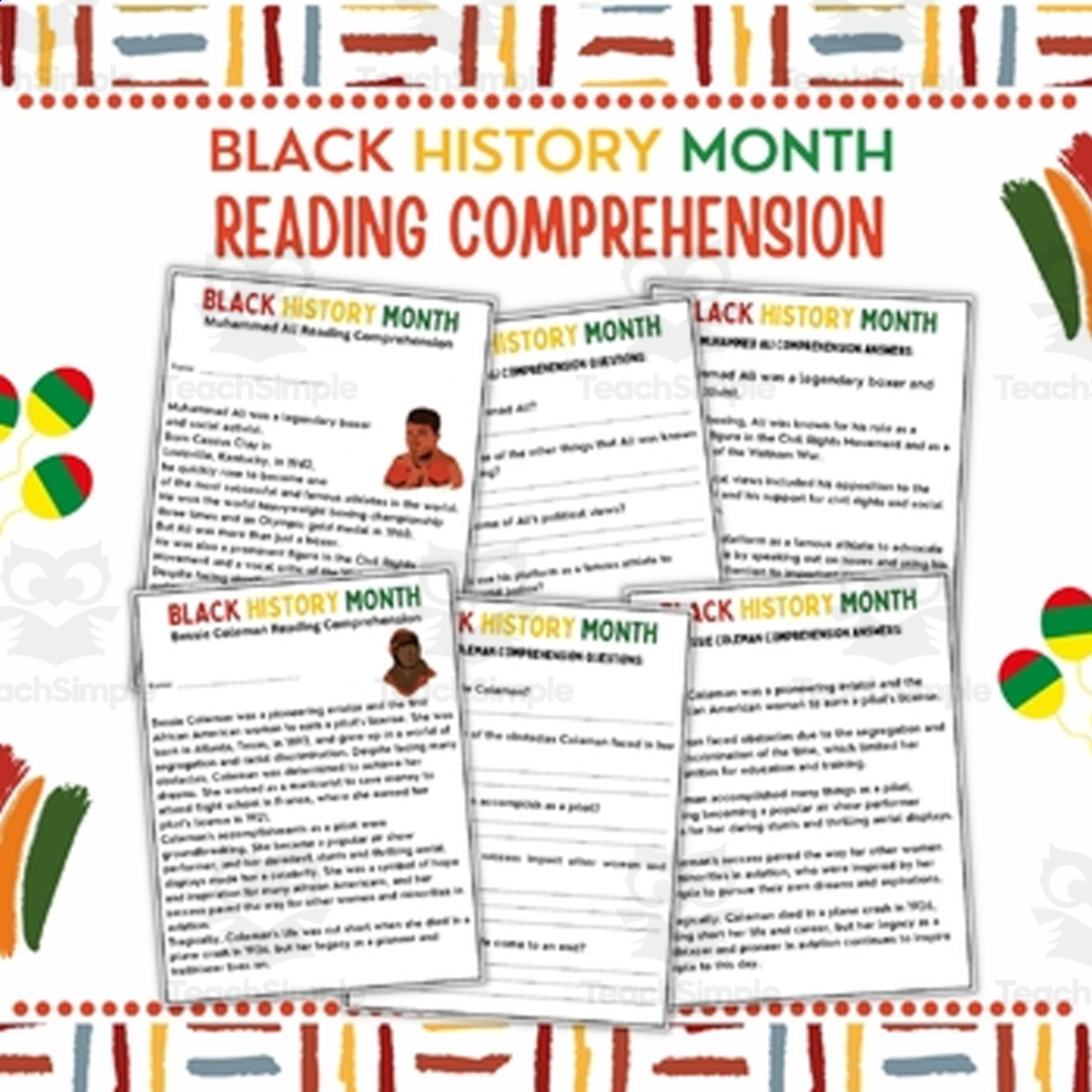 An educational teaching resource from Style Your Classroom entitled Muhammad Ali & Bessie Coleman Black History Reading Comprehension downloadable at Teach Simple.