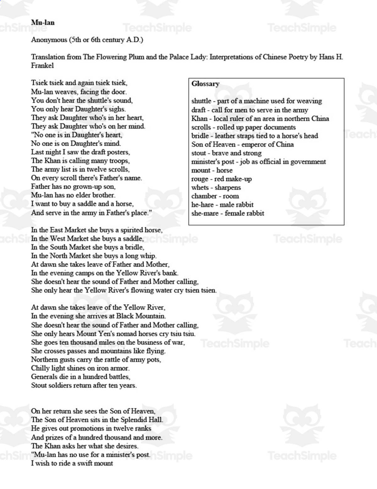 An educational teaching resource from Cogjogger entitled Mulan Song + Chinese Poetry Analysis downloadable at Teach Simple.