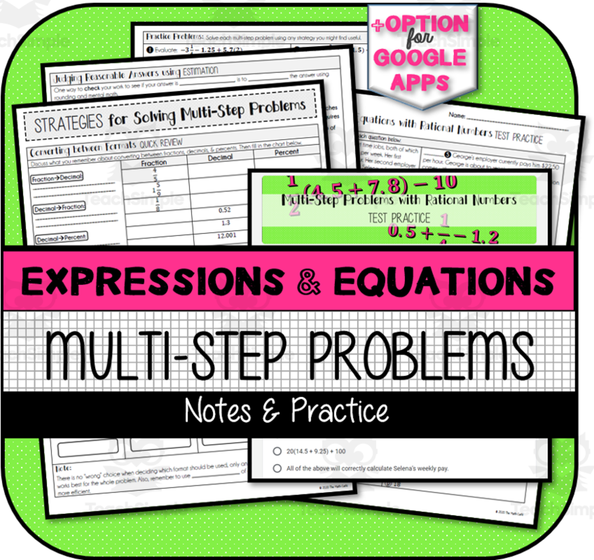 An educational teaching resource from The Math Cafe entitled Multi-Step Problems with Rational Numbers NOTES & PRACTICE downloadable at Teach Simple.