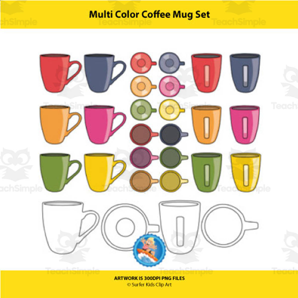 An educational teaching resource from Surfer Kids Clip Art entitled Multicolor Coffee Mug Clipart downloadable at Teach Simple.