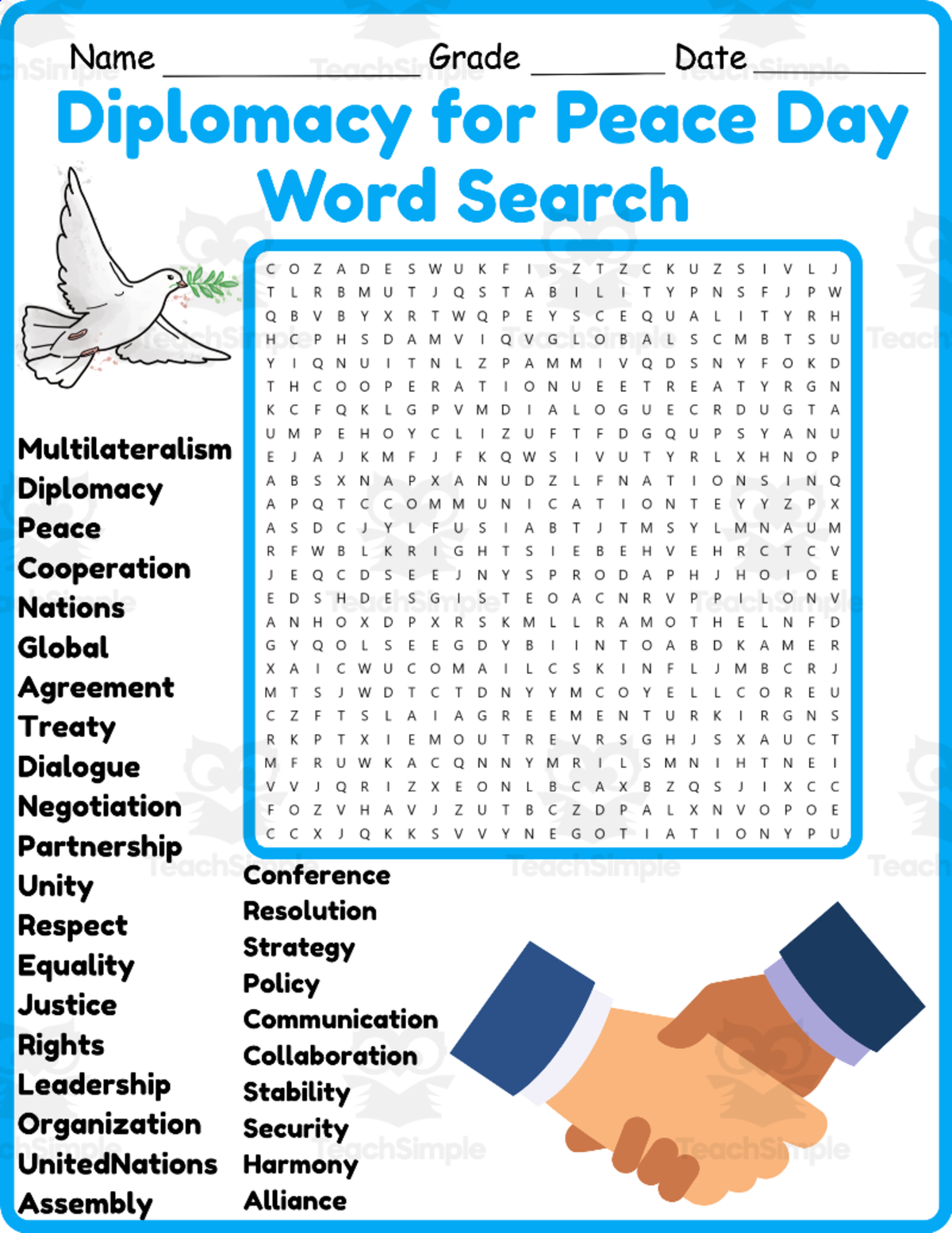 An educational teaching resource from Classsimple entitled Multilateralism and Diplomacy for Peace Word Search 2nd 3rd 4th 5th downloadable at Teach Simple.
