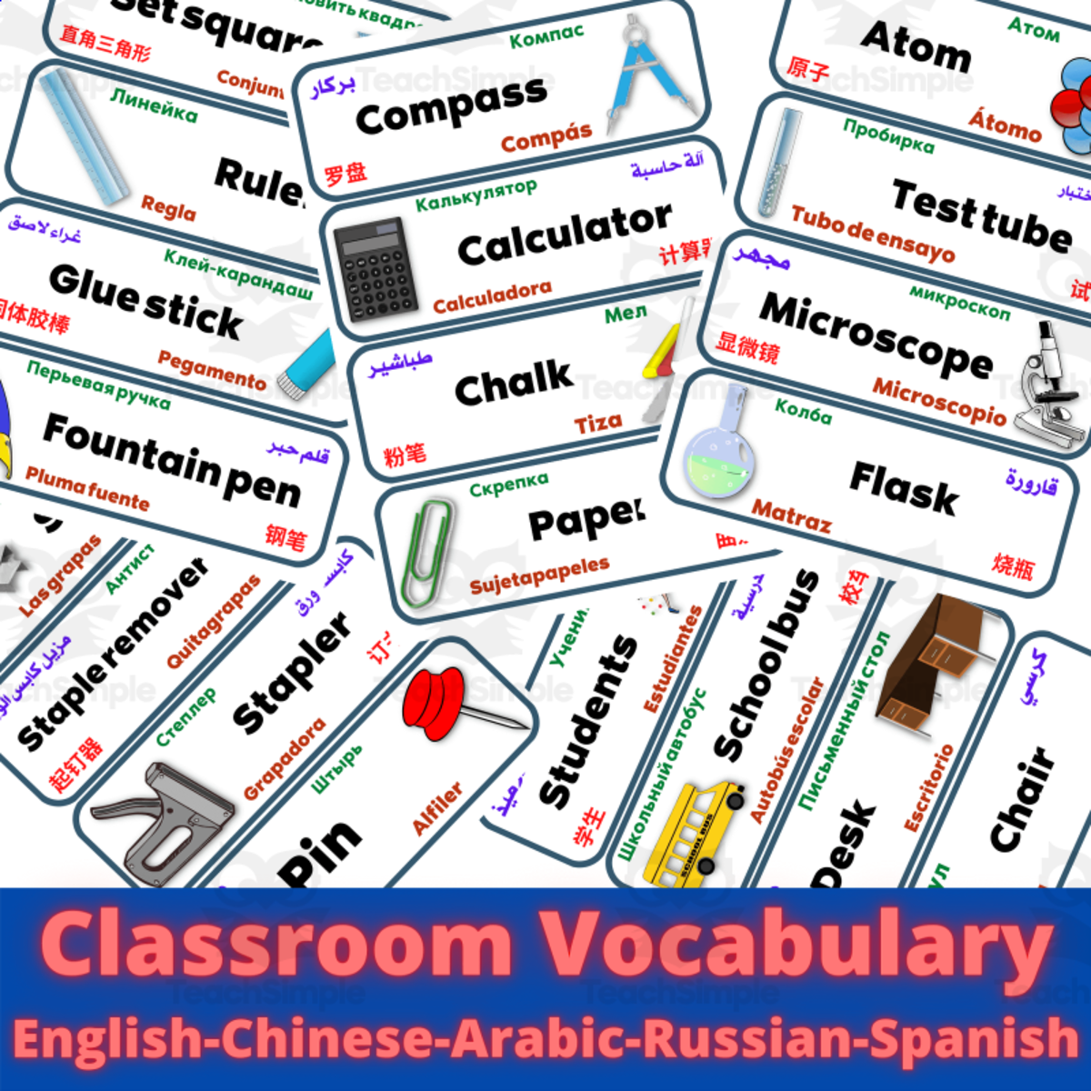 An educational teaching resource from Homeschoolingprints entitled Multilingual ESL Classroom Vocabulary in Five Languages downloadable at Teach Simple.