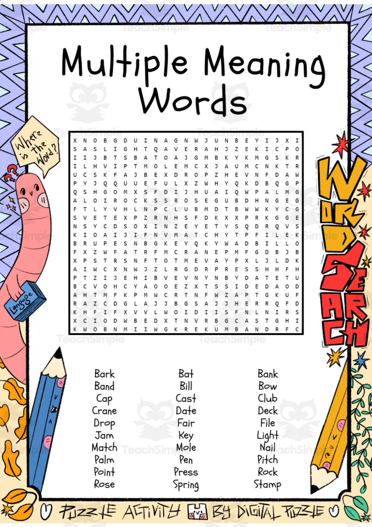 An educational teaching resource from Lapiiin Art Activities entitled Multiple Meaning Words word search puzzle worksheet activity downloadable at Teach Simple.