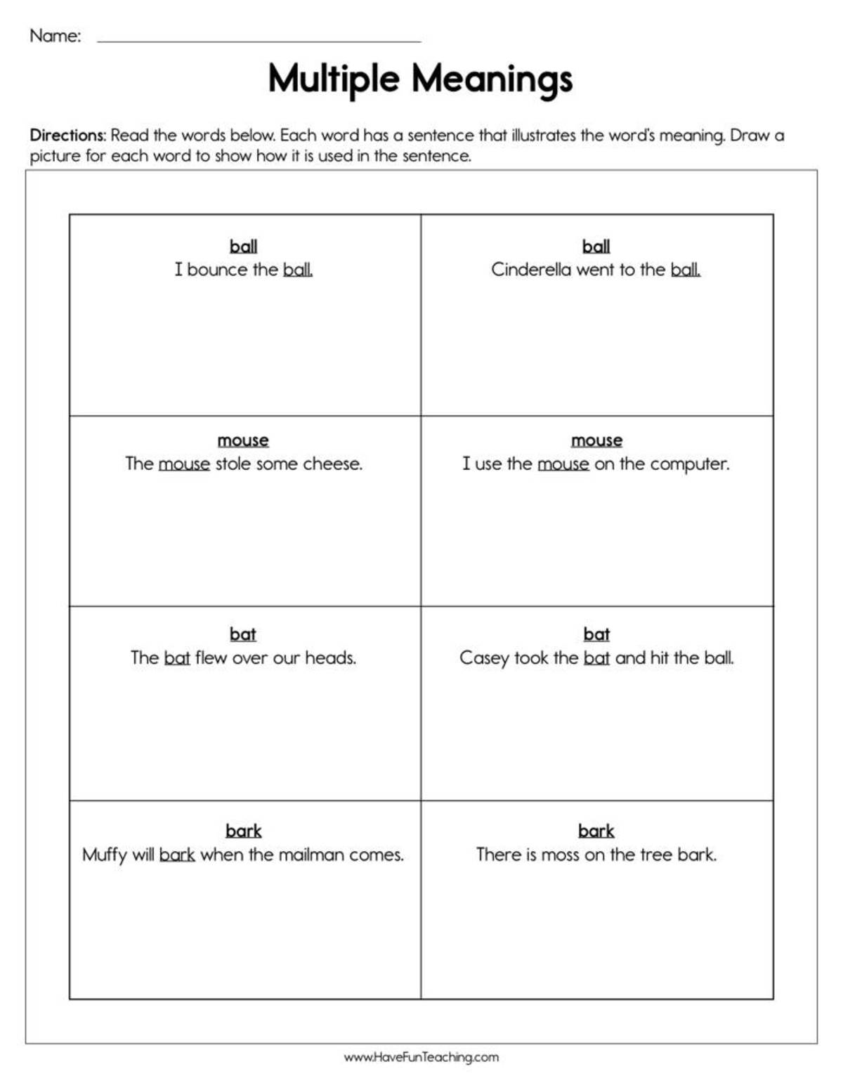 An educational teaching resource from Have Fun Teaching entitled Multiple Meanings Worksheet downloadable at Teach Simple.