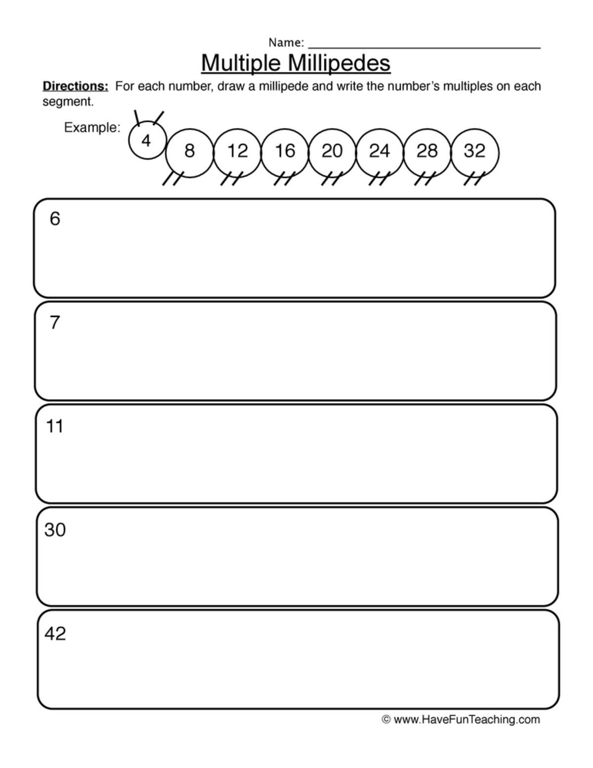 An educational teaching resource from Have Fun Teaching entitled Multiples Millipedes Worksheet downloadable at Teach Simple.