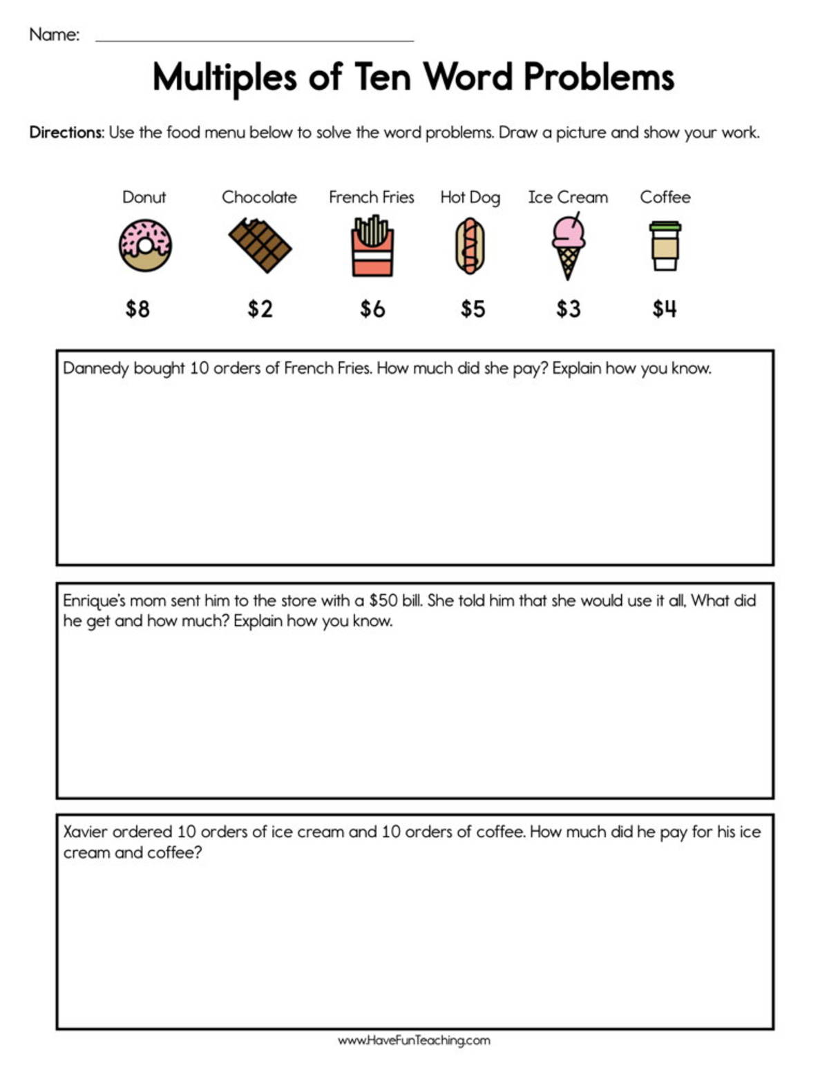 An educational teaching resource from Have Fun Teaching entitled Multiples of Ten Word Problems Worksheet downloadable at Teach Simple.