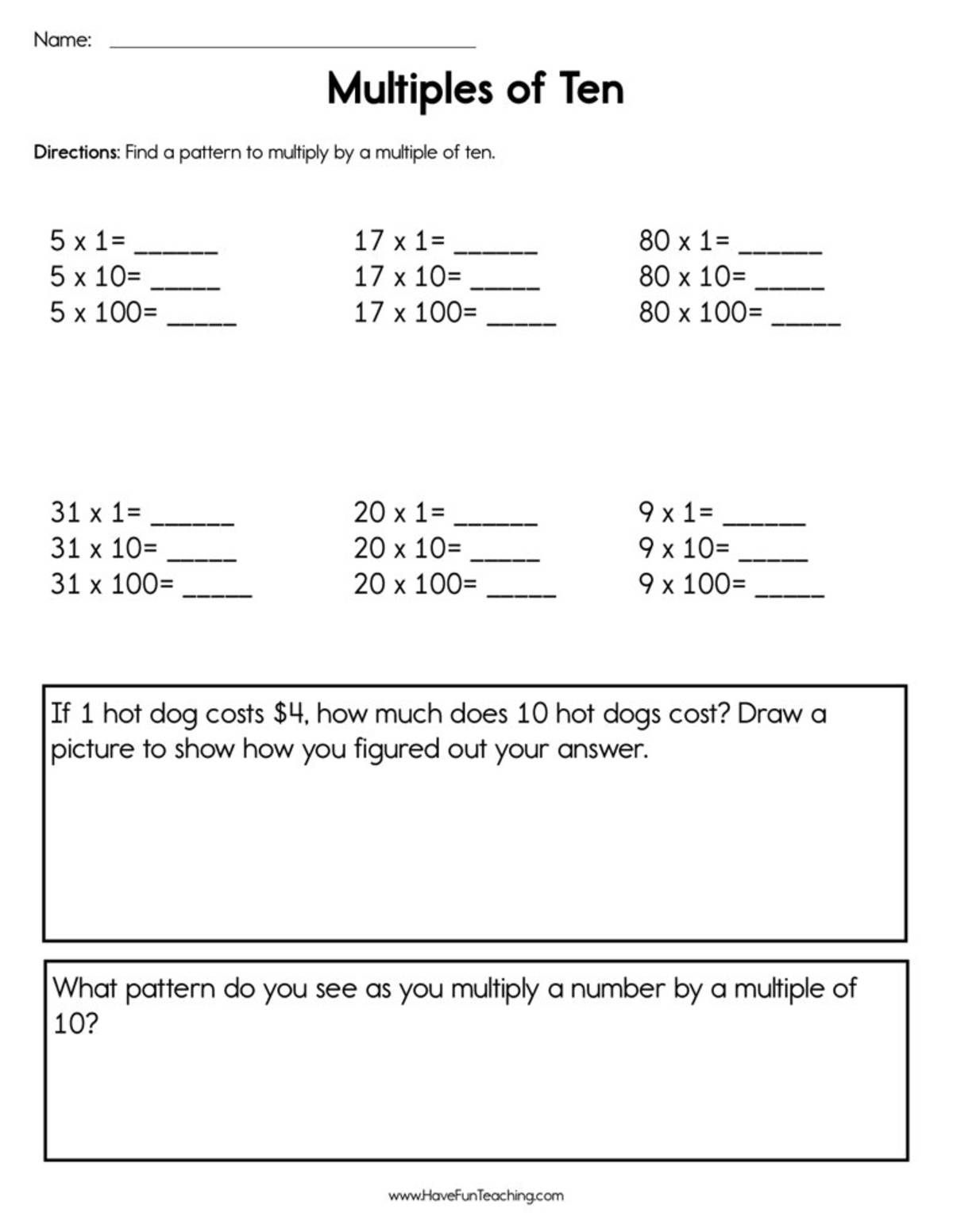 An educational teaching resource from Have Fun Teaching entitled Multiples of Ten Worksheet downloadable at Teach Simple.