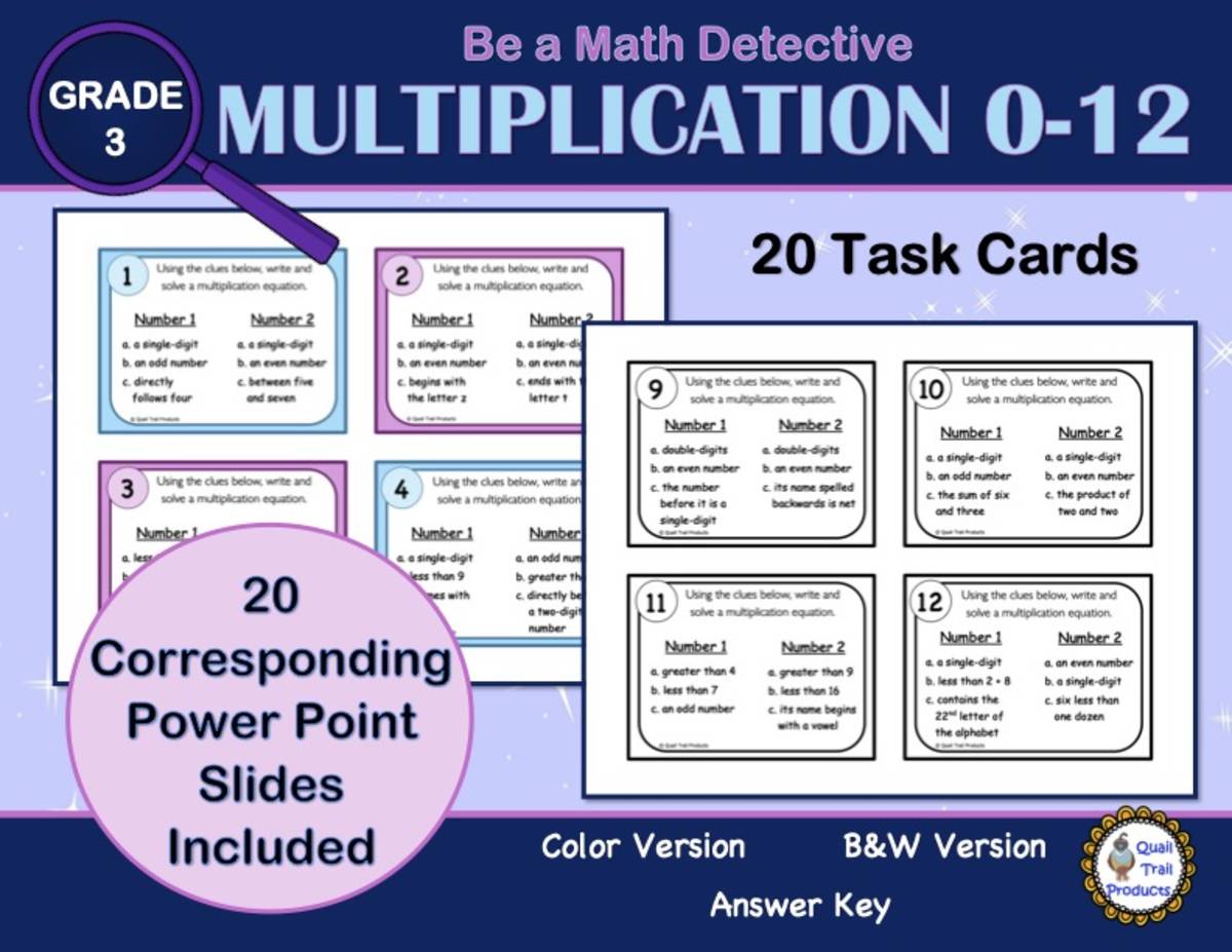 An educational teaching resource from Quail Trail Products entitled Multiplication 0-12 Task Cards & Power Point Slides | Math Detectives downloadable at Teach Simple.
