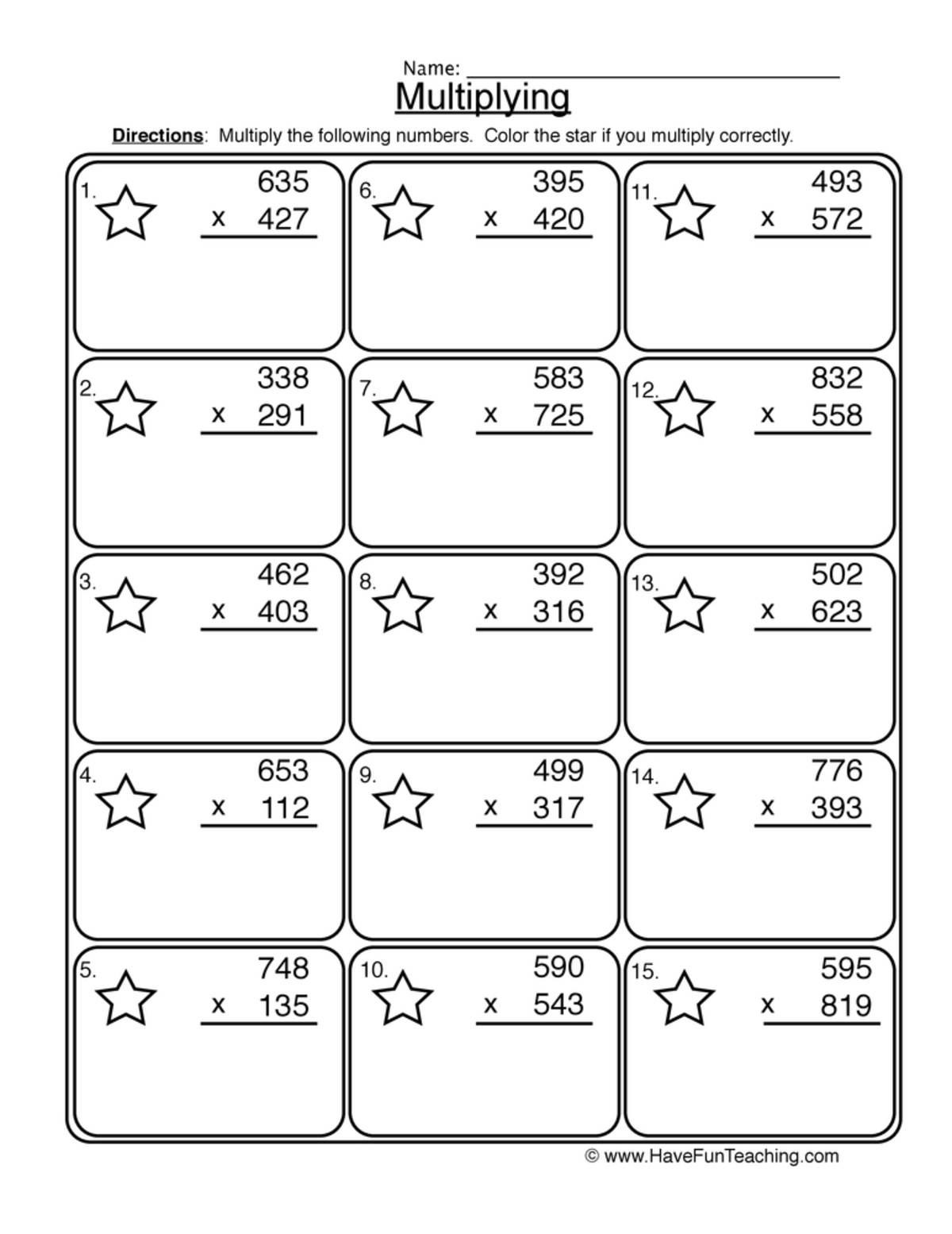 An educational teaching resource from Have Fun Teaching entitled Multiplication 3x3 Digit Worksheet downloadable at Teach Simple.