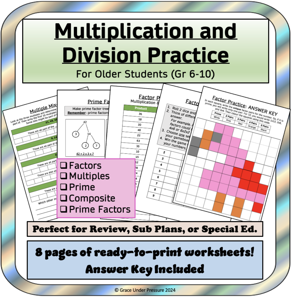 An educational teaching resource from Grace Under Pressure entitled Multiplication and Division Facts for Older Students (Grades 6-10) downloadable at Teach Simple.