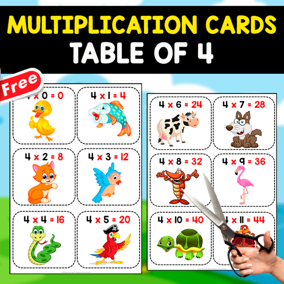 An educational teaching resource from EDITORIAL LAURA EDUCA entitled MULTIPLICATION CARDS OF 4 | FREE FLASCARDS downloadable at Teach Simple.