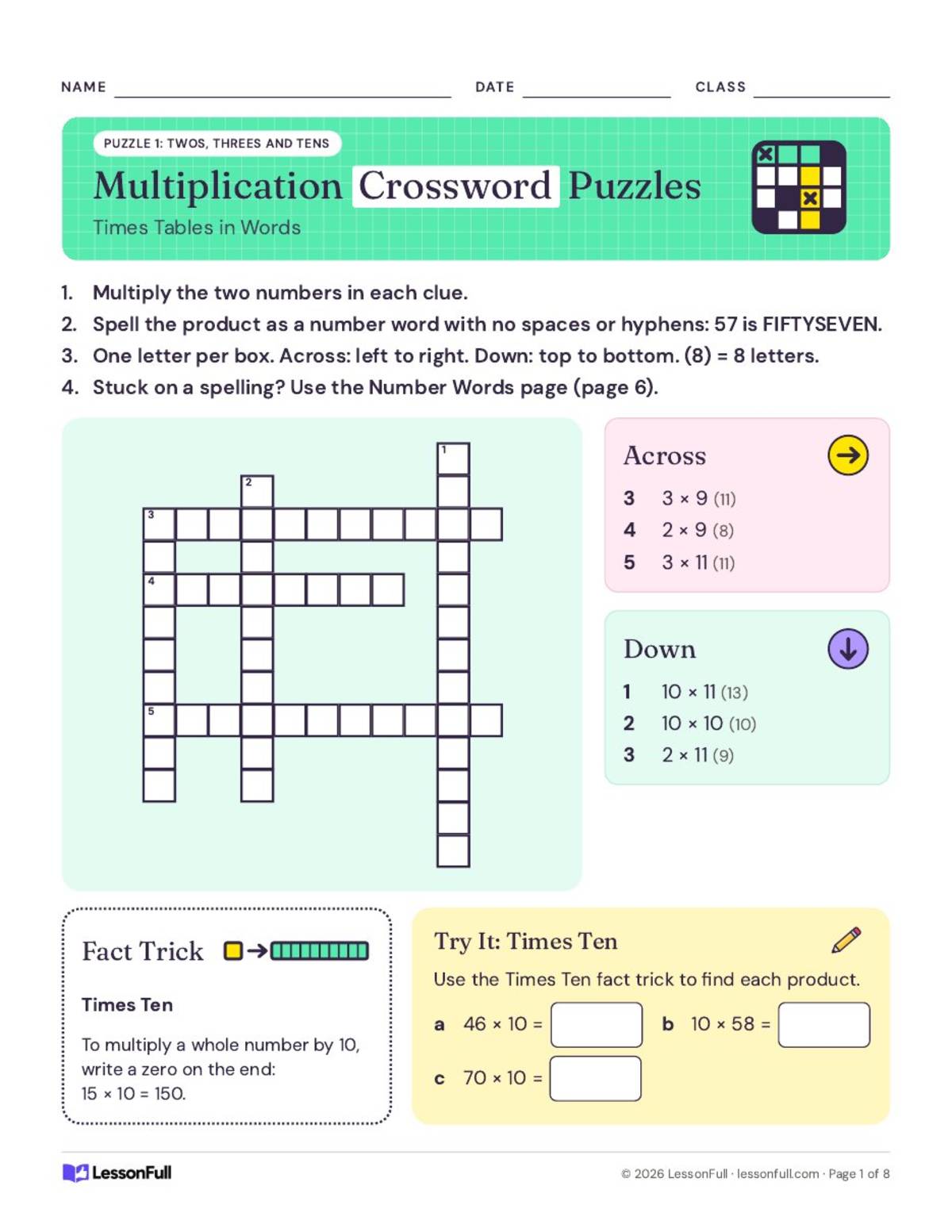 Multiplication Crosswords – Themed Vocabulary Sets preview