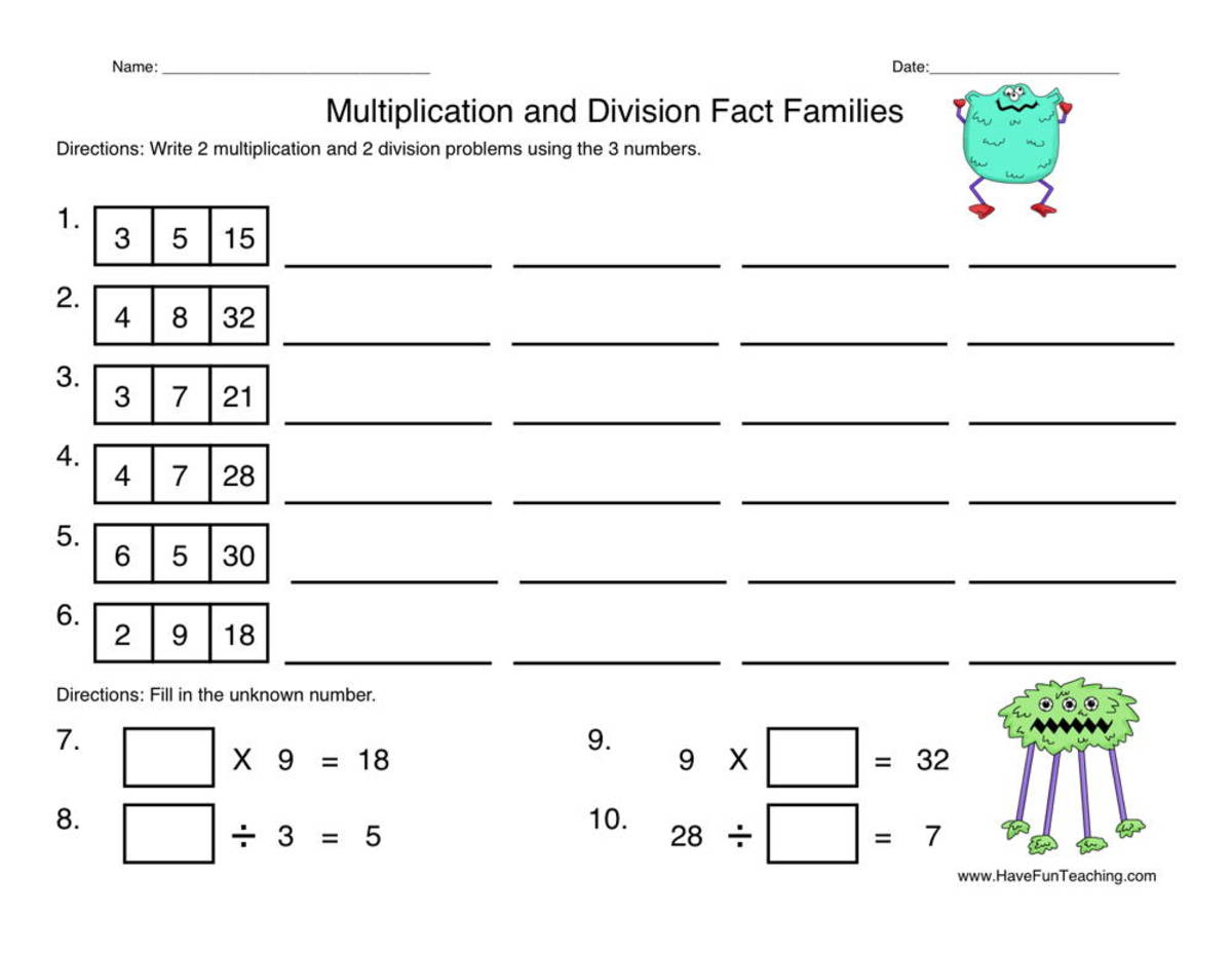 An educational teaching resource from Have Fun Teaching entitled Multiplication Division Fact Families Worksheet downloadable at Teach Simple.