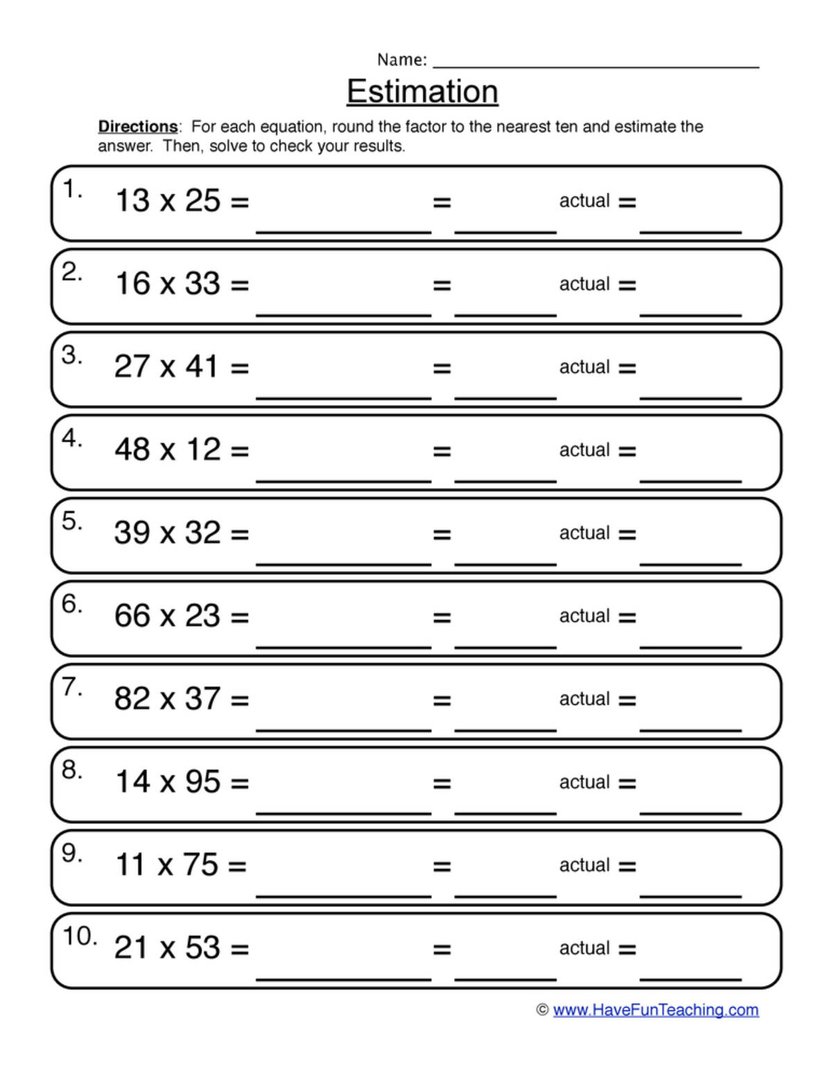 An educational teaching resource from Have Fun Teaching entitled Multiplication Estimation Worksheet downloadable at Teach Simple.