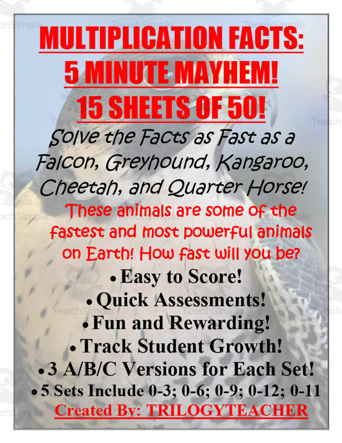 An educational teaching resource from TrilogyTeacher entitled Multiplication Facts | 5-Minute Mayhem Packet downloadable at Teach Simple.