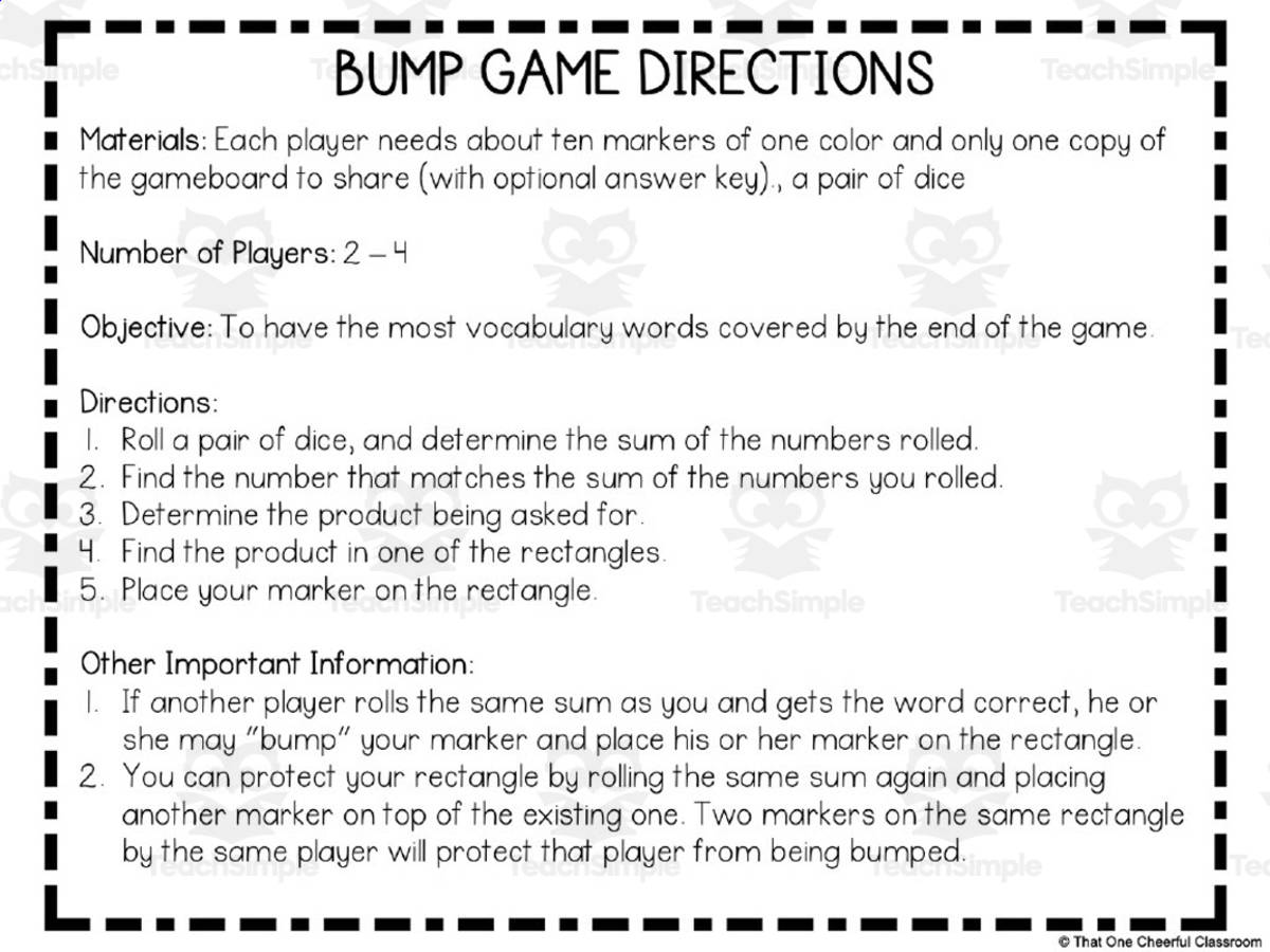 An educational teaching resource from That One Cheerful Classroom entitled Multiplication Facts Bump Game downloadable at Teach Simple.