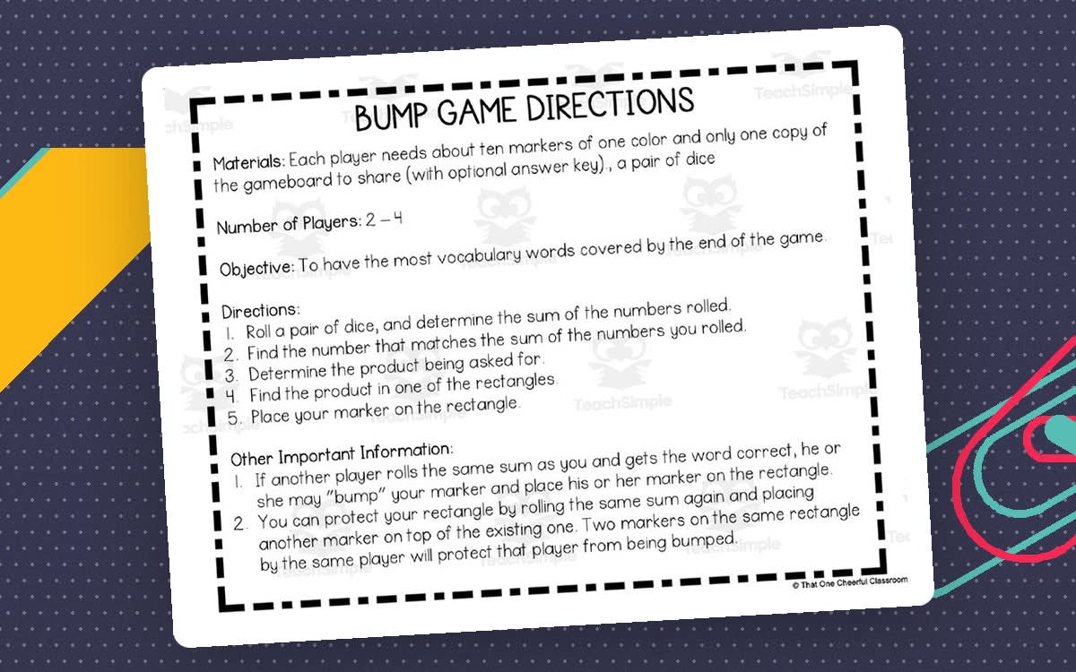 An educational teaching resource from That One Cheerful Classroom entitled Multiplication Facts Bump Game downloadable at Teach Simple.