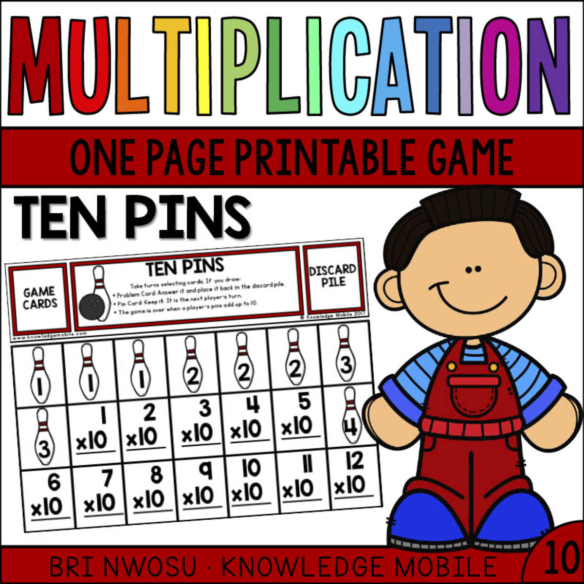An educational teaching resource from Knowledge Mobile entitled Multiplication Facts - Ten Printable Game downloadable at Teach Simple.