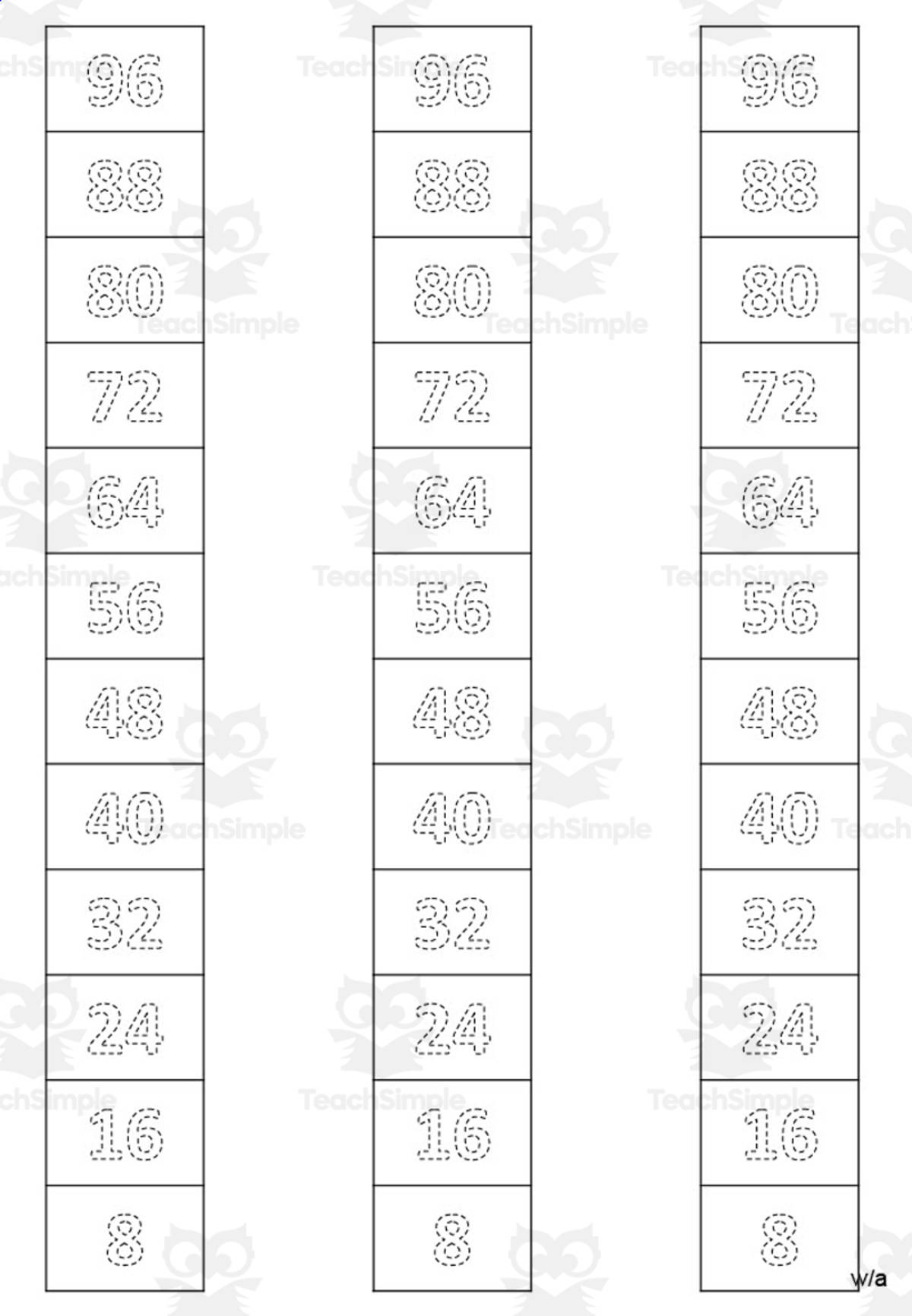 An educational teaching resource from WORDS ASIDE entitled Multiplication Facts Writing | Strip Columns Set 8B downloadable at Teach Simple.