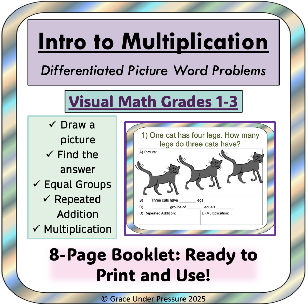 An educational teaching resource from Grace Under Pressure entitled Multiplication Picture Word Problems for Primary Students Gr 1 2 3 downloadable at Teach Simple.