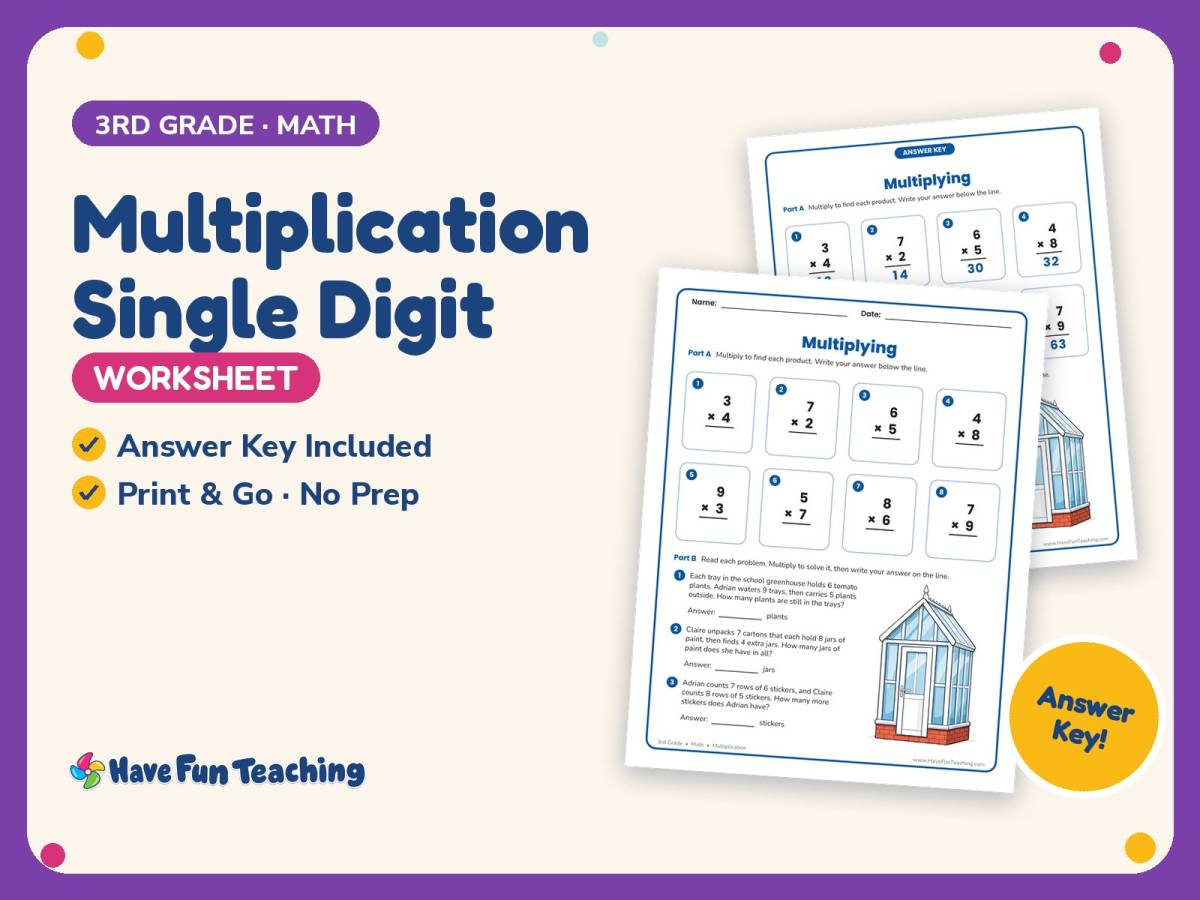 Multiplication Single Digit Worksheet – 3rd Grade Word Problems preview