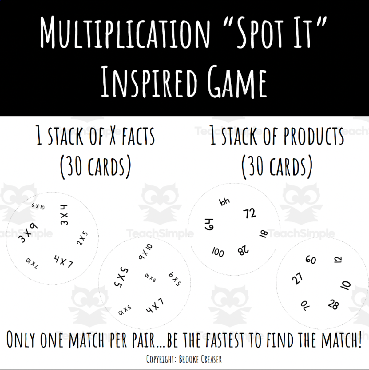 An educational teaching resource from Brook Creaser entitled Multiplication "Spot It" Inspired Game downloadable at Teach Simple.