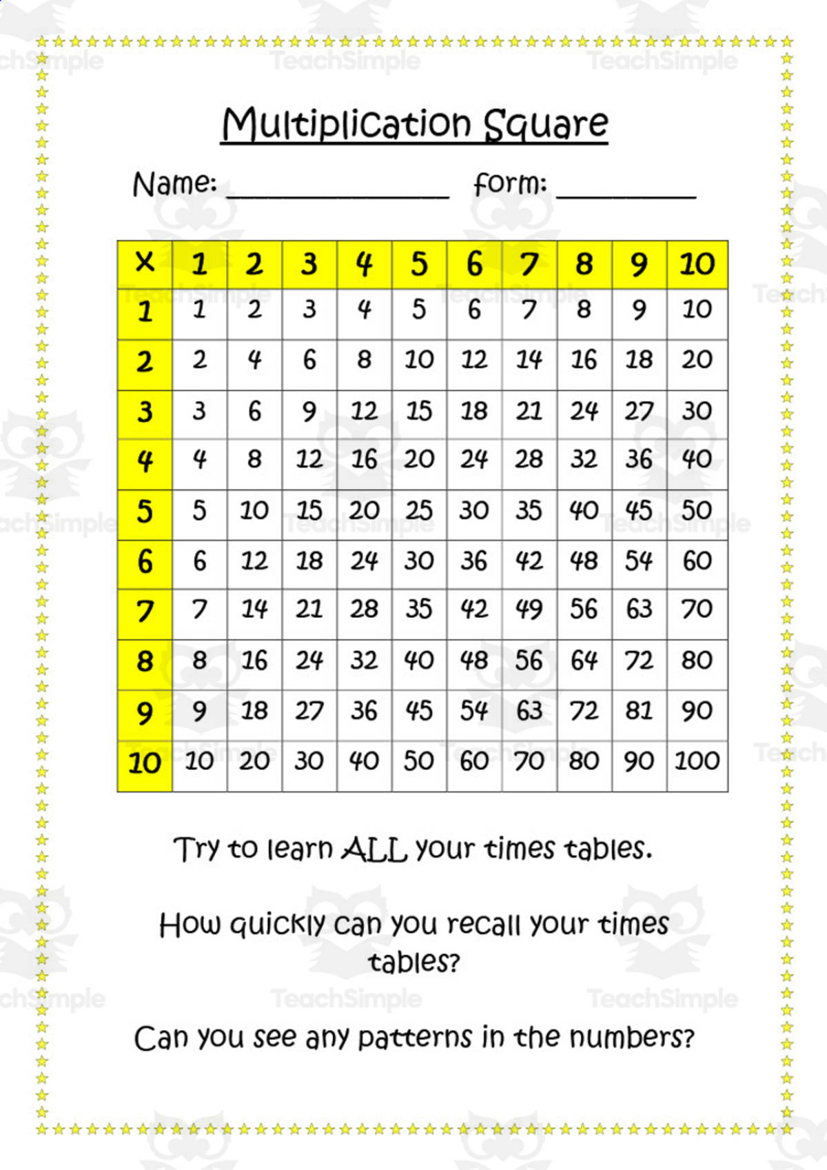 An educational teaching resource from Elementary Resources 4 U entitled Multiplication Square Table - Up to X10 downloadable at Teach Simple.
