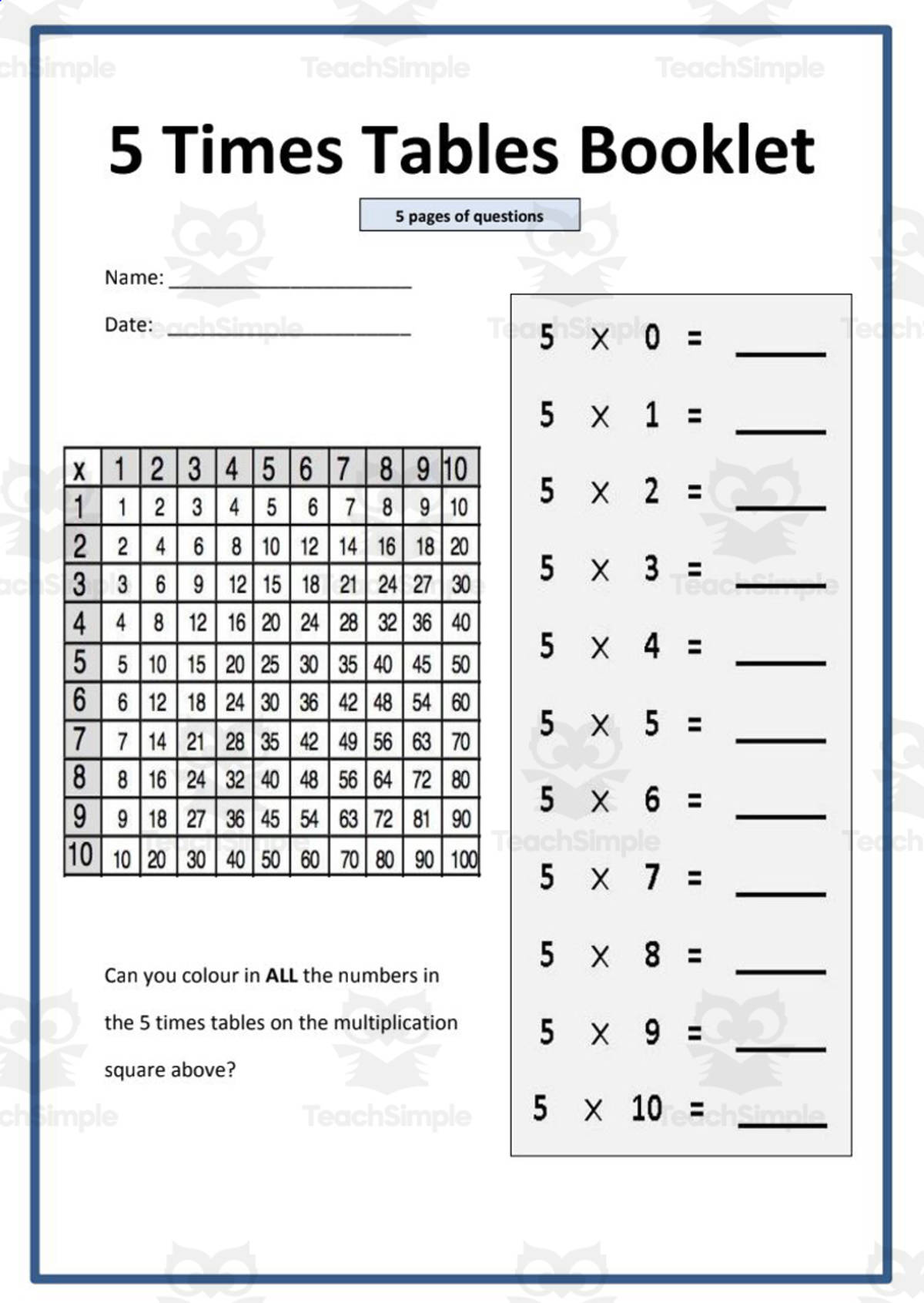 An educational teaching resource from Elementary Resources 4 U entitled Multiplication Tables:Times 5 downloadable at Teach Simple.