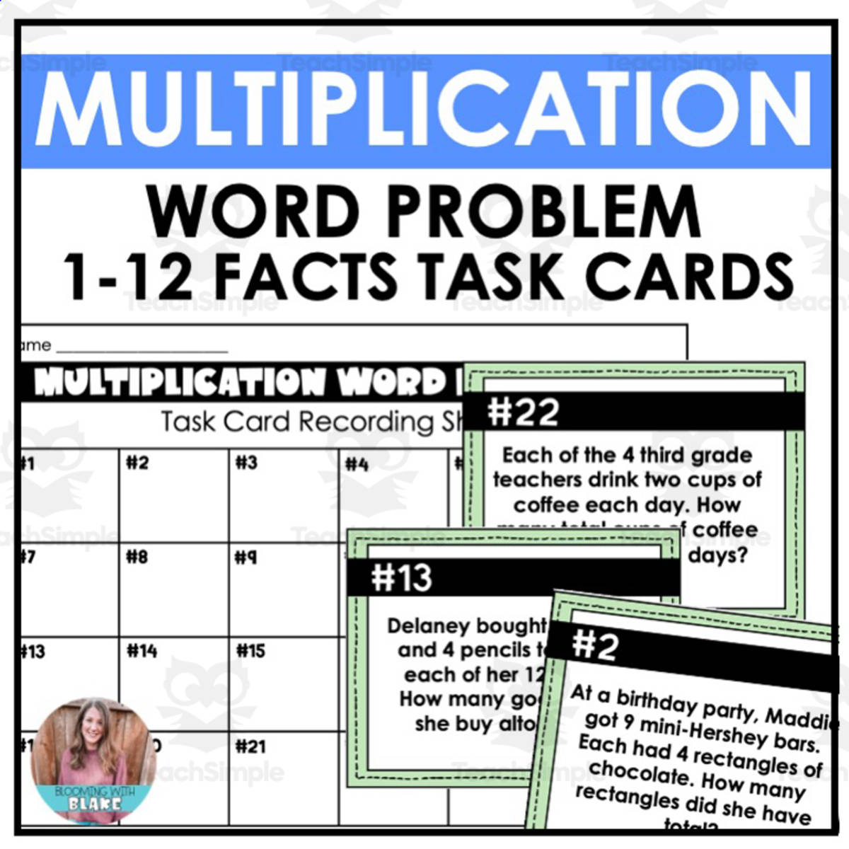 An educational teaching resource from Blooming with Blake entitled Multiplication Word Problem Task Cards downloadable at Teach Simple.