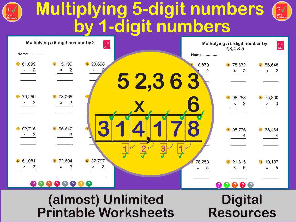 An educational teaching resource from Jeff's Notebooks entitled Multiply a 5-digit by a 1-digit number using the Standard Algorithm downloadable at Teach Simple.