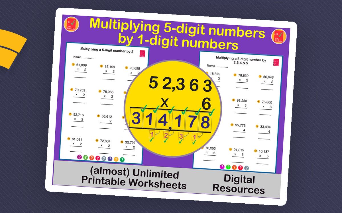 An educational teaching resource from Jeff's Notebooks entitled Multiply a 5-digit by a 1-digit number using the Standard Algorithm downloadable at Teach Simple.