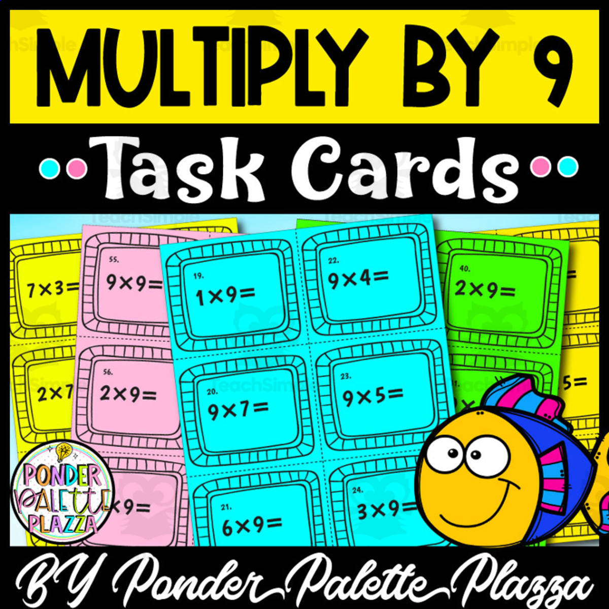 An educational teaching resource from Ponder Palette Plazza entitled Multiply by "Nine" Task Cards - 60 Task Cards downloadable at Teach Simple.