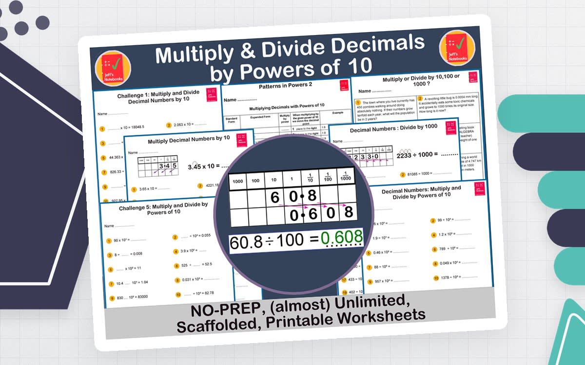 An educational teaching resource from Jeff's Notebooks entitled Multiplying and Dividing Decimals by Powers of 10 downloadable at Teach Simple.