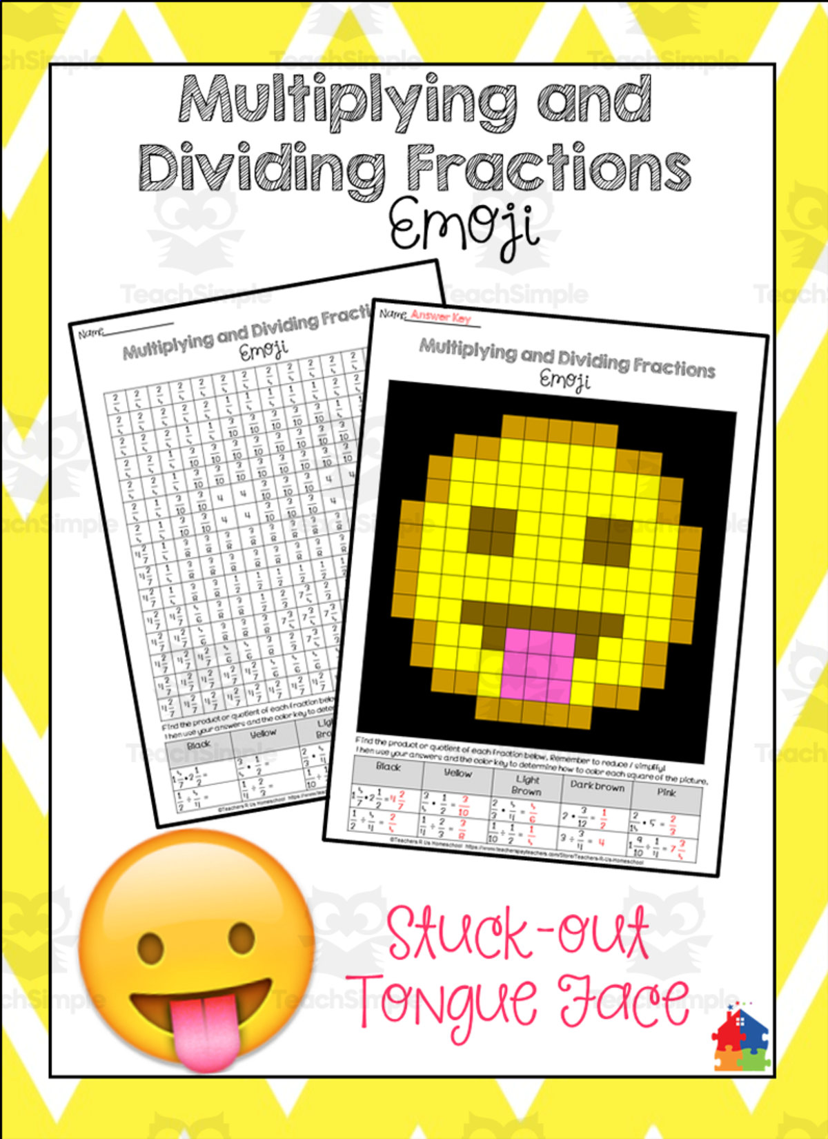 An educational teaching resource from Teachers R Us Homeschool entitled Multiplying and Dividing Fractions Emoji Math Activity downloadable at Teach Simple.
