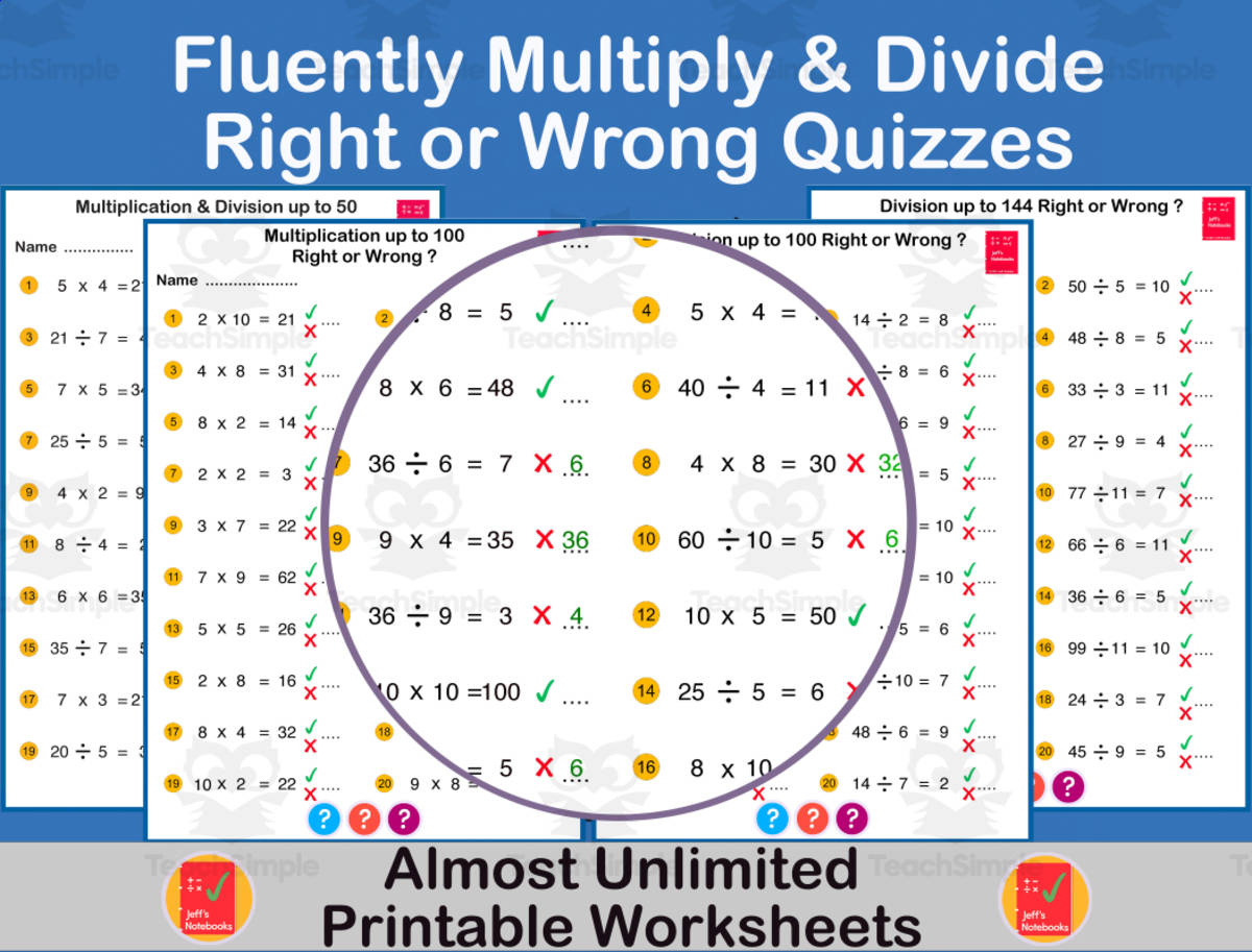 An educational teaching resource from Jeff's Notebooks entitled Multiplying and Dividing Numbers within 100 - Multi-level quizzes downloadable at Teach Simple.