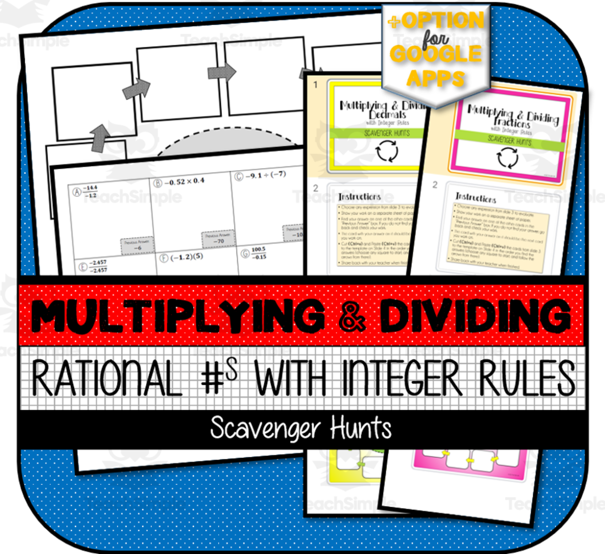 An educational teaching resource from The Math Cafe entitled Multiplying & Dividing Rational Numbers with Integer Rules SCAVENGER HUNTS downloadable at Teach Simple.