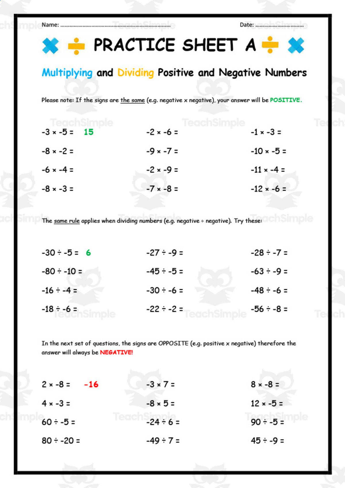 An educational teaching resource from Elementary Resources 4 U entitled Multiplying + Dividing Positive and Negative Numbers Practice Sheet A downloadable at Teach Simple.