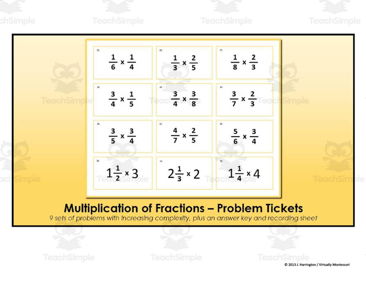 An educational teaching resource from Virtually Montessori entitled Multiplying Fractions - Problem Tickets downloadable at Teach Simple.