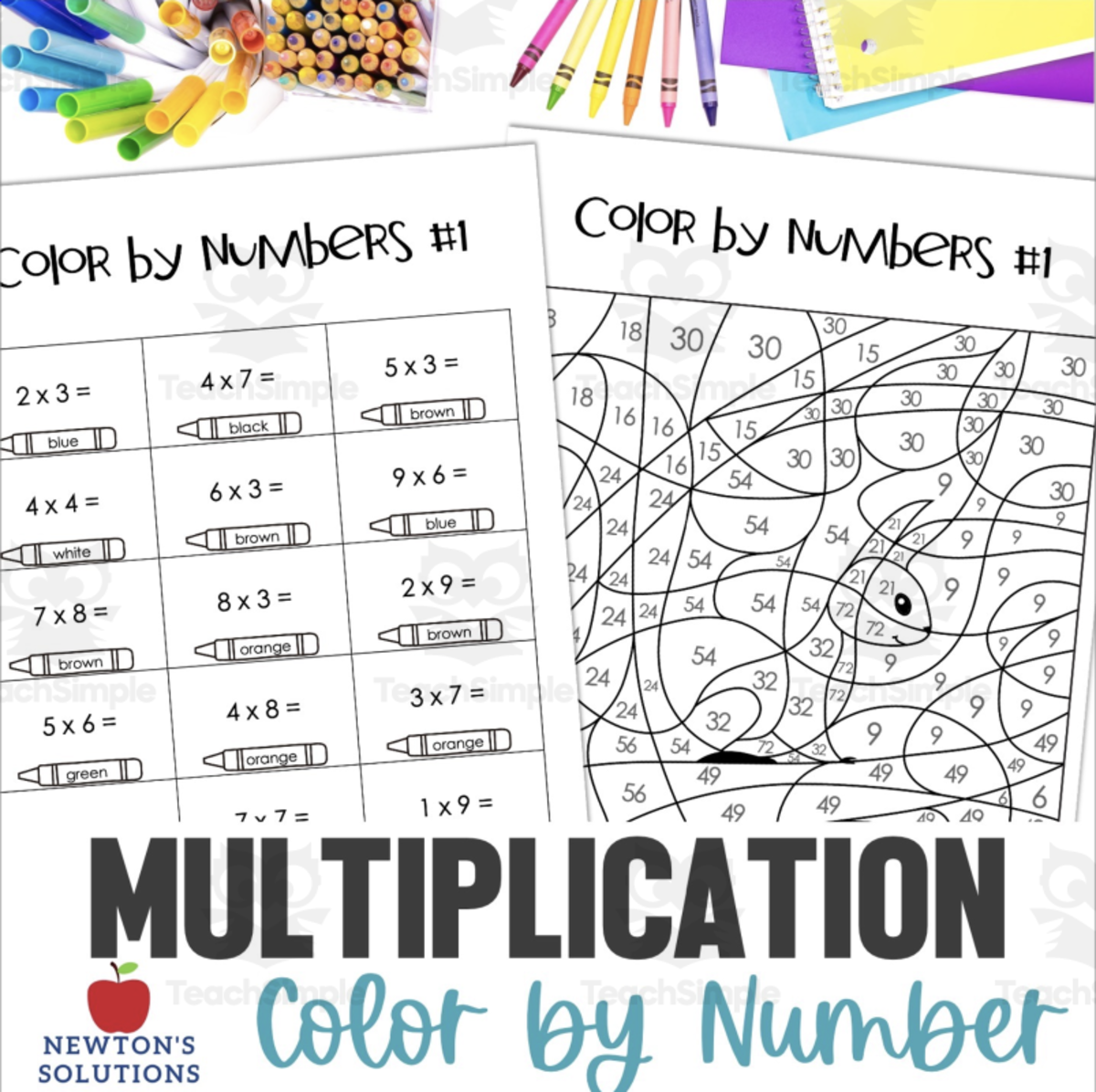 An educational teaching resource from Newtons Solutions entitled Multiplying Numbers Color by Number Activity downloadable at Teach Simple.