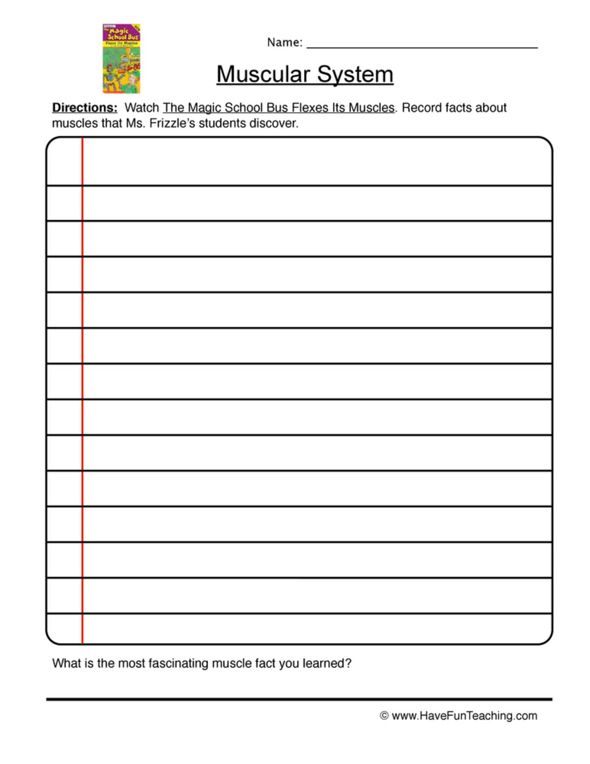 An educational teaching resource from Have Fun Teaching entitled Muscular System Writing Worksheet downloadable at Teach Simple.