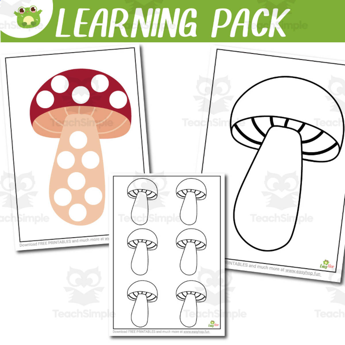 An educational teaching resource from EasyHop entitled Mushroom Activity Set with Coloring, Templates, Tracing, and Dot-to-Do downloadable at Teach Simple.